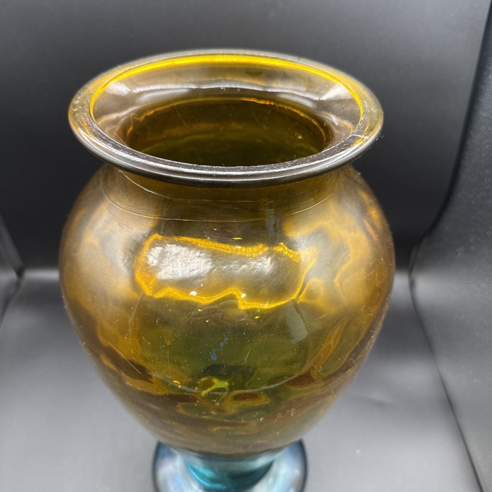Vintage Hand Blown Amber Blue Art Glass Flower Vase 16" X Large Y2K - Picture 2 of 8